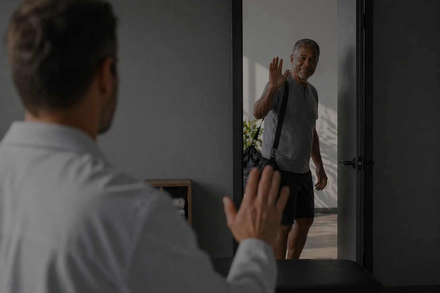 Clinician waving to a recovering patient at home