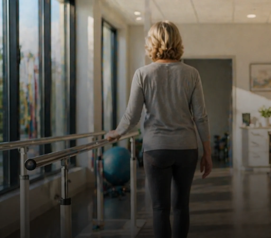 Patient walking through a rehabilitation clinic