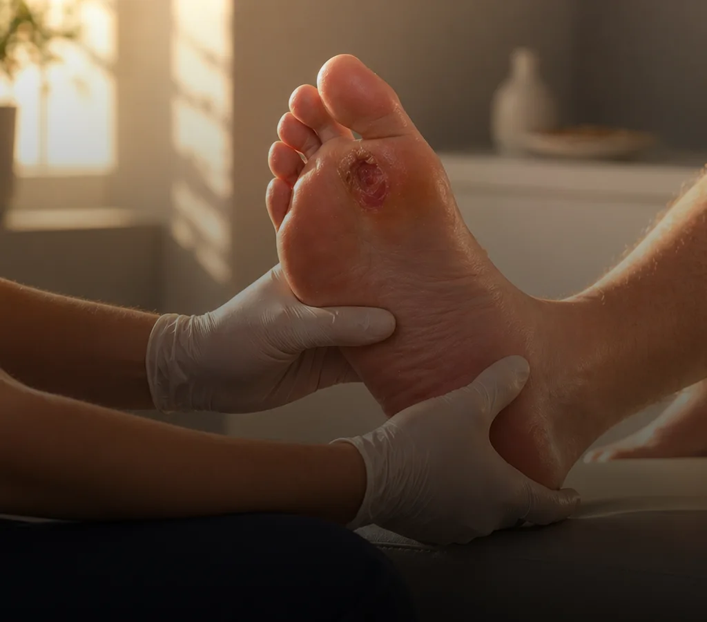 Clinician reviewing a diabetic foot wound